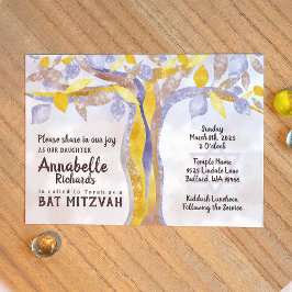 Blue, Yellow Twisted Tree Bat Mitzvah Invitation Einladung