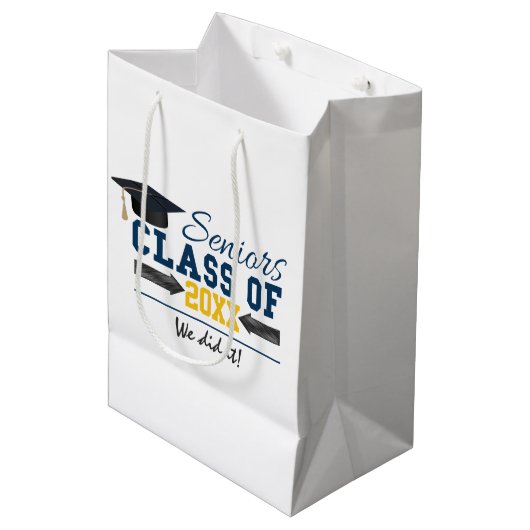 Blue Yellow Typografy Abschluss Gift Bag Mittlere Geschenktüte (Vorderseite Schrägansicht)
