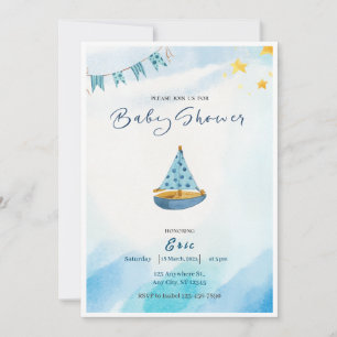 Blue Yellow Watercolor Boat Kinderdusche Einladung