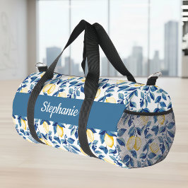Blue Yellow Watercolor Lemon Monogram Duffle Bag