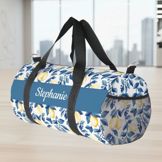 Blue Yellow Watercolor Lemon Monogram Duffle Bag