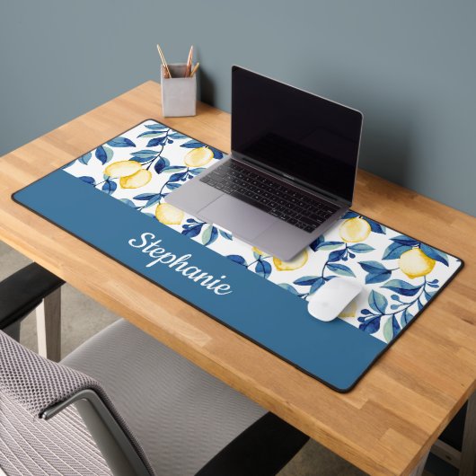 Blue Yellow Watercolor Lemon Monogram Name Schreibtischunterlage (Büro 2)