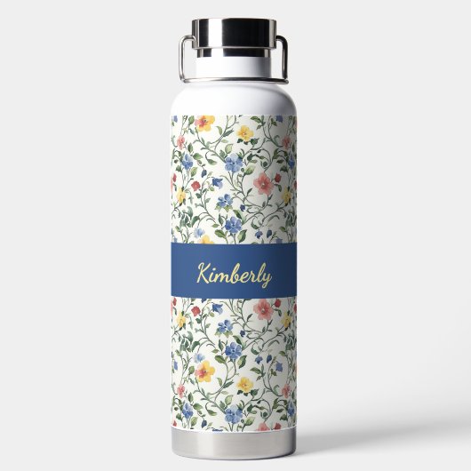 Blue Yellow Watercolor Wildflower Monogram Name Trinkflasche (Rückseite)