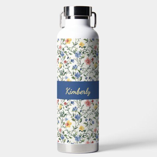 Blue Yellow Watercolor Wildflower Monogram Name Trinkflasche (Vorderseite)
