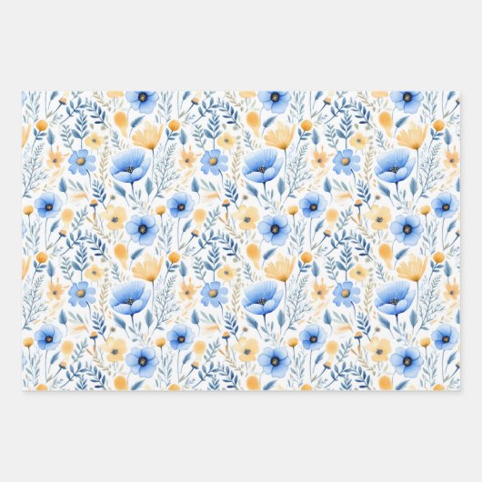 Blue Yellow Wildblumen Boho Baby Brautparty Geschenkpapier Set (Vorderseite 2)