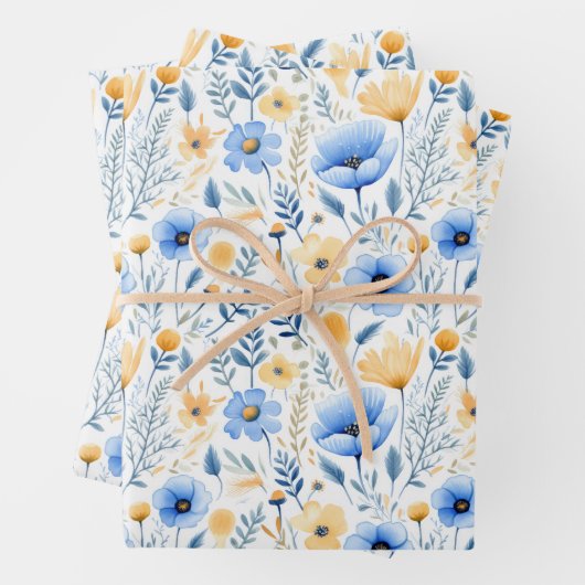 Blue Yellow Wildblumen Boho Baby Brautparty Geschenkpapier Set (Beispiel)