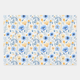 Blue Yellow Wildblumen Boho Baby Brautparty Geschenkpapier Set