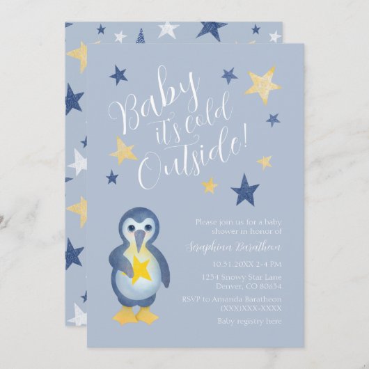 Blue Yellow Winter Pinguin Baby Dusche Einladung (Vorne/Hinten)