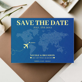 Blue & Yellow World Map Hochzeit in Urlaubsort Save The Date
