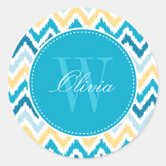 Blue Yellow Zigzag Ikat Pattern Monogram Runder Aufkleber (Vorderseite)