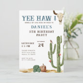 Blue Yew Haw Western Rodeo Cowboy Birthday Einladung (Stehend Vorderseite)