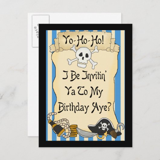 Blue Yo Ho Ho Pirate Birthday Invites Einladungspostkarte (Vorne/Hinten)