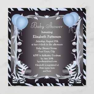 Blue Zebra & Balloons Animal Print Baby Dusche Einladung
