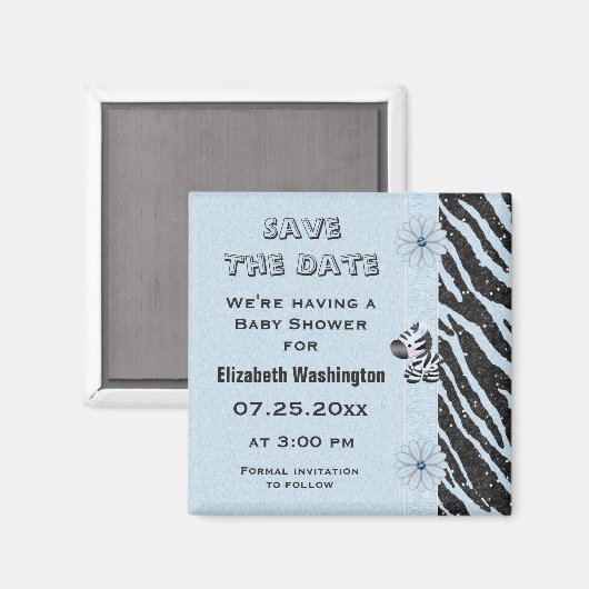 Blue Zebra & Blume Babydusche Save the Date Magnet (Vorderseite/Rückseite)
