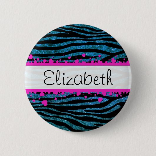 Blue Zebra, Glitzer Zebra, Zebra Print, Ihr Name Button (Vorderseite)