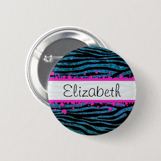 Blue Zebra, Glitzer Zebra, Zebra Print, Ihr Name Button (Vorne & Hinten)