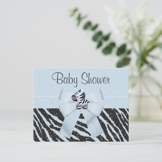 Blue Zebra, Printed Bow & Glitzer Look Baby Dusche Einladung (Stehend Vorderseite)
