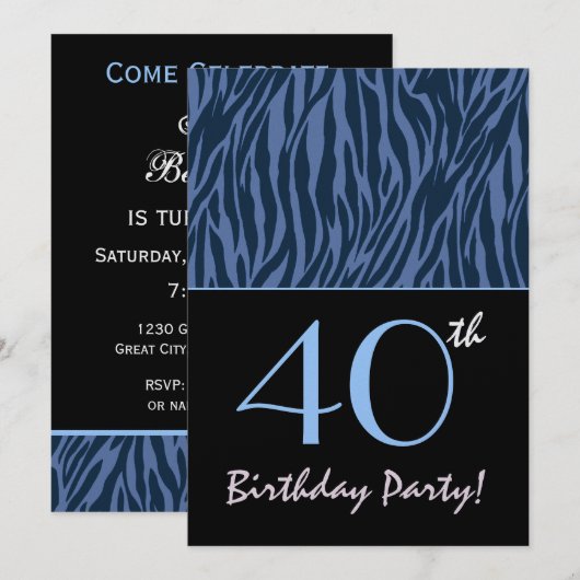Blue Zebra Stripes 40. Geburtstag Einladung (Vorne/Hinten)