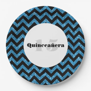 Blue Zickzack Glitzer Quinceañera Teller