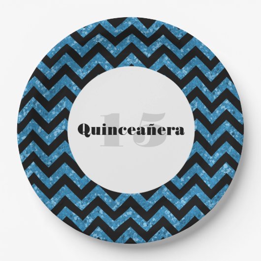 Blue Zickzack Glitzer Quinceañera Teller (Vorderseite)