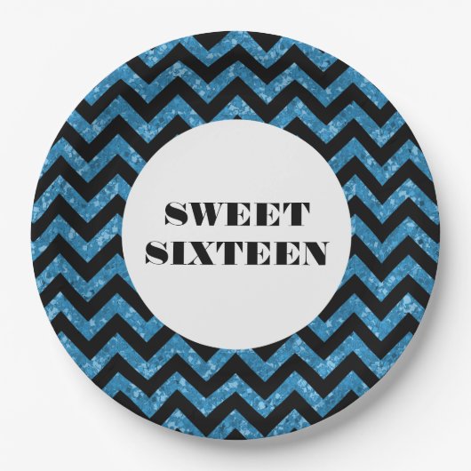 Blue Zickzack Glitzer Sweet 16 Paper Tellers Pappteller (Vorderseite)