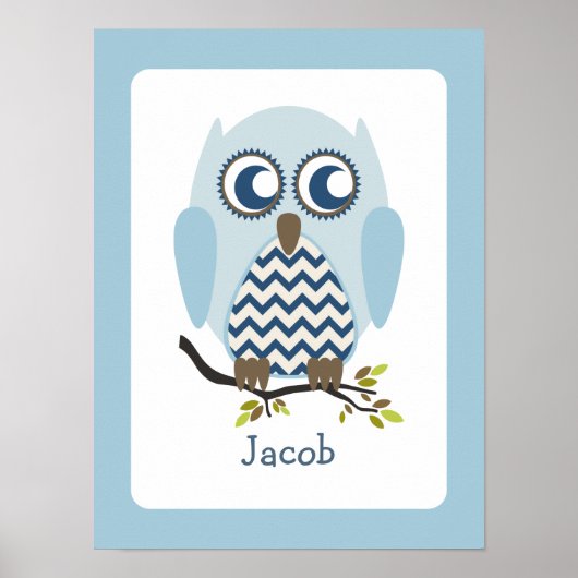 Blue + Zickzack Owl Personalisiertes Kinderzimmer  Poster (Vorne)