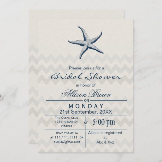 Blue Zickzack Starfish Beach Brautparty lädt ein Einladung (Vorne/Hinten)