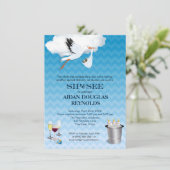 Blue Zickzack Stork Baby Sip and See Party Einladung (Stehend Vorderseite)