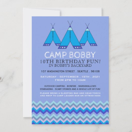 Blue Zickzack Tipi, Camping Geburtstag Einladung (Vorderseite)