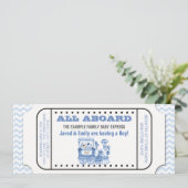 Blue Zickzack Vintag Train Ticket Baby Shower Einladung (Stehend Vorderseite)