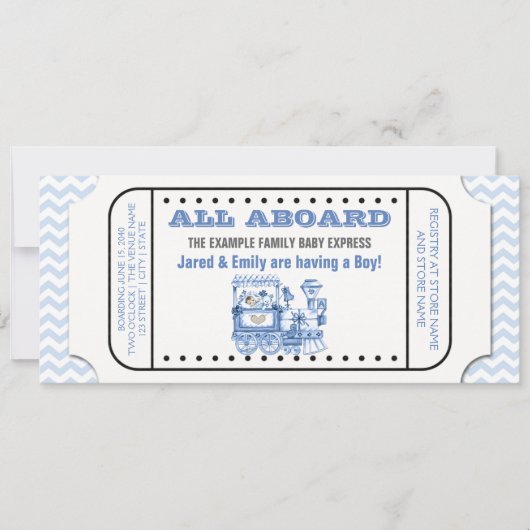 Blue Zickzack Vintag Train Ticket Baby Shower Einladung (Vorderseite)