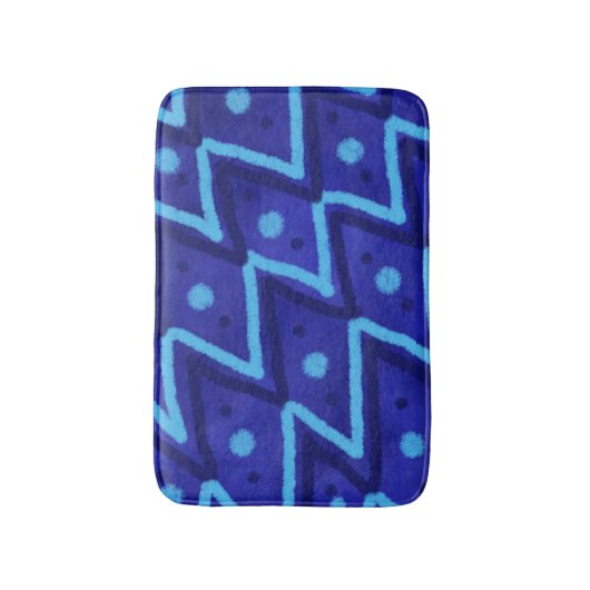 Blue Zig Zags Dots Funky Pattern  Badematte (Vorderseite Vertikal)