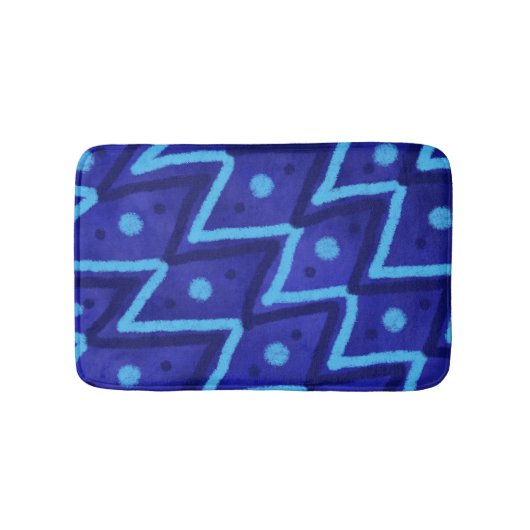 Blue Zig Zags Dots Funky Pattern Badematte (Vorderseite)