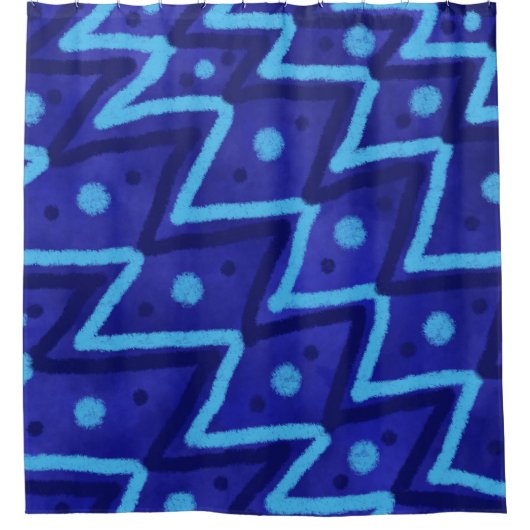Blue Zig Zags Dots Funky Pattern  Duschvorhang (Vorderseite)