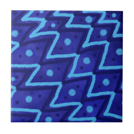 Blue Zig Zags Dots Funky Pattern Fliese (Vorderseite)