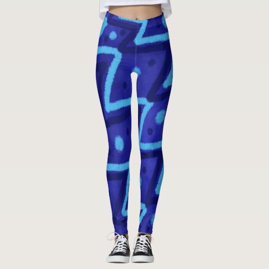 Blue Zig Zags Dots Funky Pattern Leggings (Vorderseite)