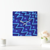 Blue Zig Zags Dots Funky Pattern  Quadratische Wanduhr (Zuhause)