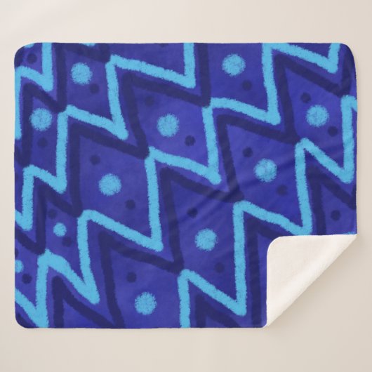 Blue Zig Zags Dots Funky Pattern  Sherpadecke (Vorderseite (Horizontal))