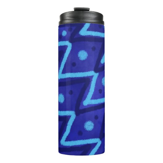 Blue Zig Zags Dots Funky Pattern  Thermosbecher (Vorderseite)