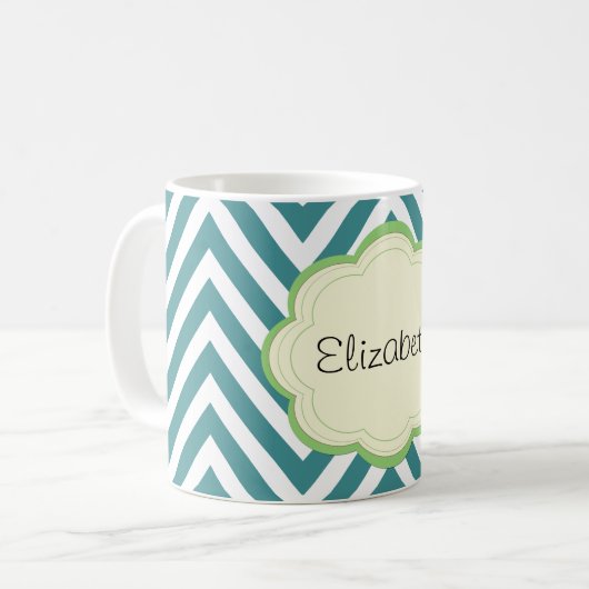 Blue Zigzag, Blue Zickzack, Wave Pattern, Ihr Name Kaffeetasse (Vorderseite Links)