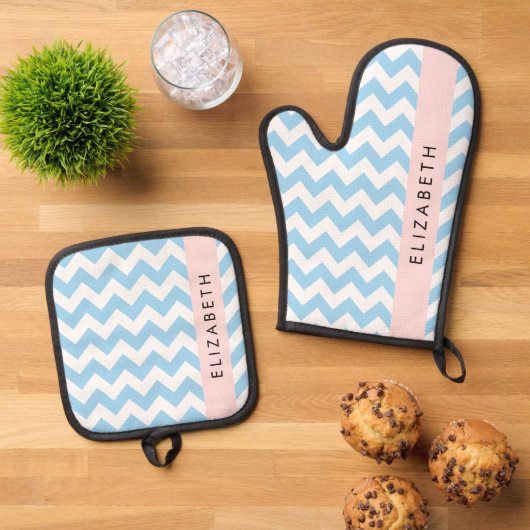 Blue Zigzag, Blue Zickzack, Wave Pattern, Ihr Name Ofenhandschuh & Topflappen-Set (Oben Unten)