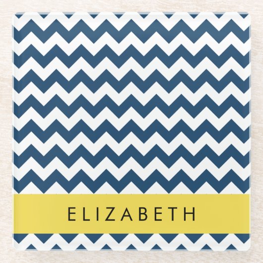 Blue Zigzag, Navy Blue Zickzack, Ihr Name Glasuntersetzer (Vorderseite)
