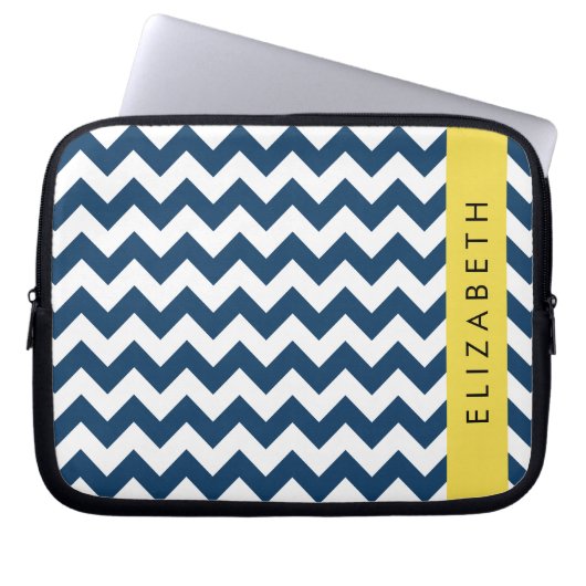 Blue Zigzag, Navy Blue Zickzack, Ihr Name Laptopschutzhülle (Vorderseite)