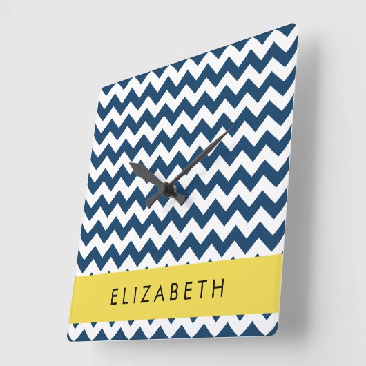 Blue Zigzag, Navy Blue Zickzack, Ihr Name Quadratische Wanduhr (Winkel)