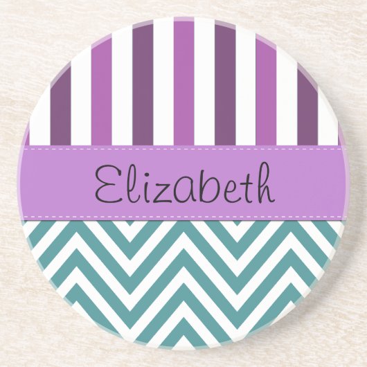 Blue Zigzag, Zickzack, Lila Streifen, Ihr Name Sandstein Untersetzer (Vorne)