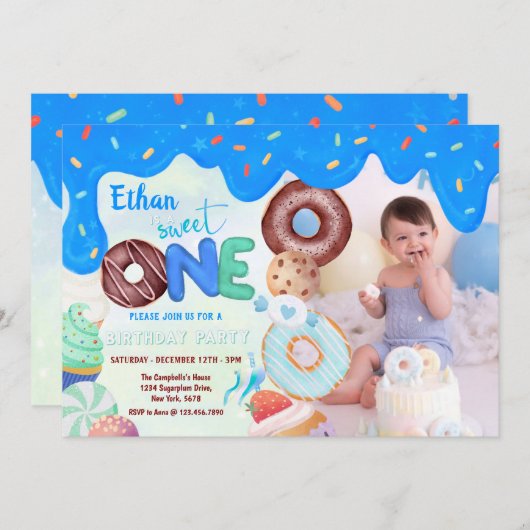 Blue Zuckerguss donut Sweet One Einladung (Vorne/Hinten)