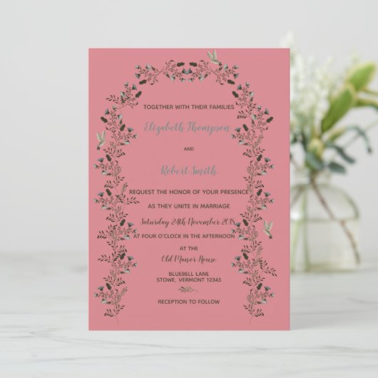 Bluebell Wildblumen Arch Wedding Set Dusty Rose Einladung (Stehend Vorderseite)