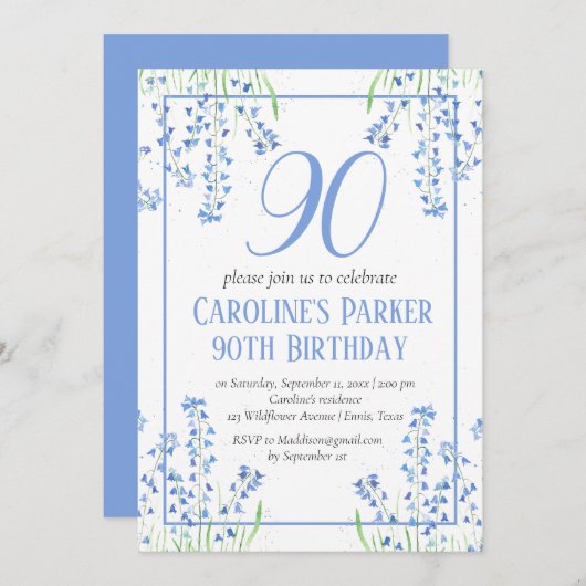 Bluebells 90. Geburtstag Blue Floral Botanical Einladung (Vorne/Hinten)