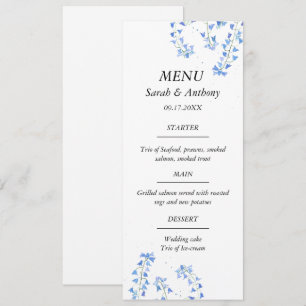 Bluebells Blue Floral Watercolor Hochzeitsnahrung Menükarte