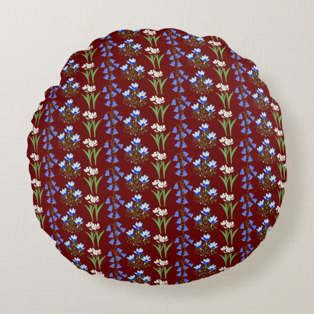 Bluebells, Crocuses & Tulips Runder Pillow Maroon Rundes Kissen (Vorderseite)